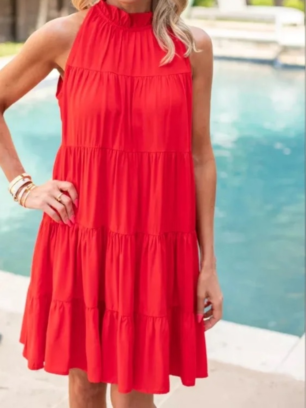 Pinch Bright Red Sleeveless Ruffle Dress with bow back sorority rush week